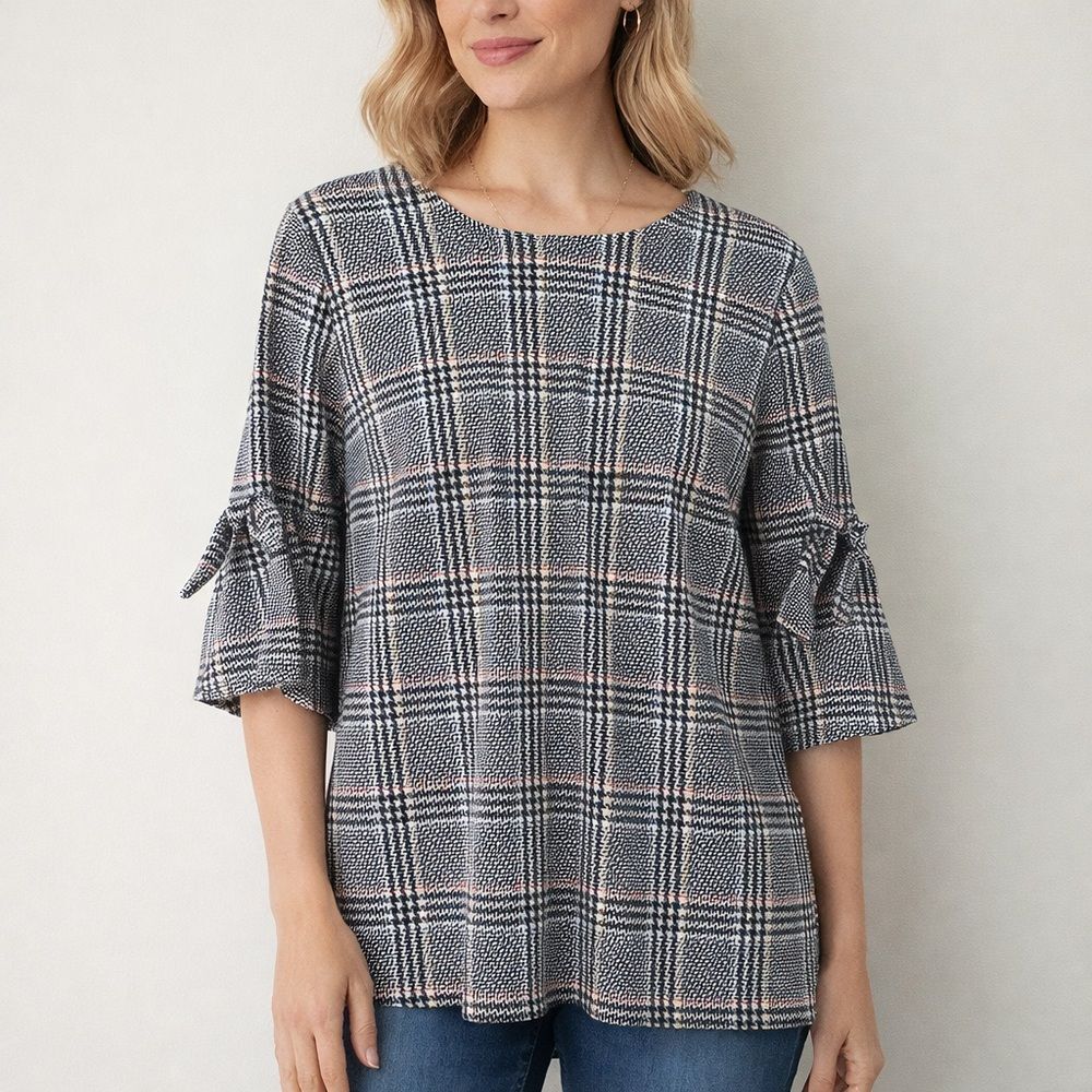 Classic Parisian Chic Plaid Jules & Leopold Tie Sleeve Blouse Size Large